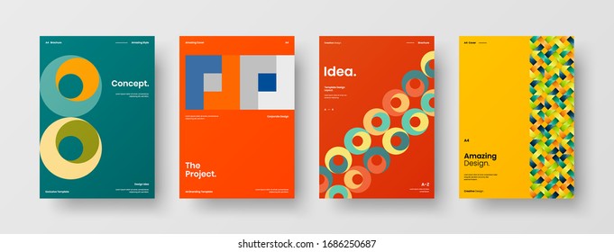 Business presentation vector A4 vertical orientation front page mock up set. Corporate report cover abstract geometric illustration design layout bundle. Company identity brochure template collection.