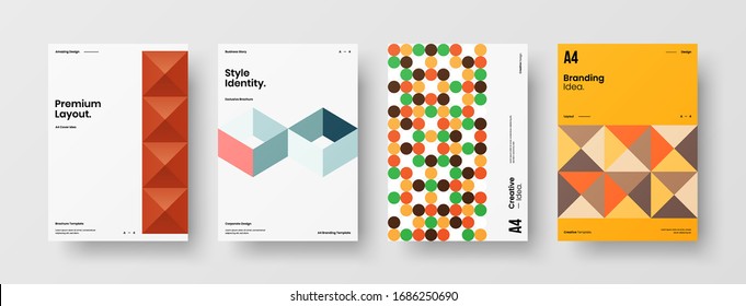 Business presentation vector A4 vertical orientation front page mock up set. Corporate report cover abstract geometric illustration design layout bundle. Company identity brochure template collection.