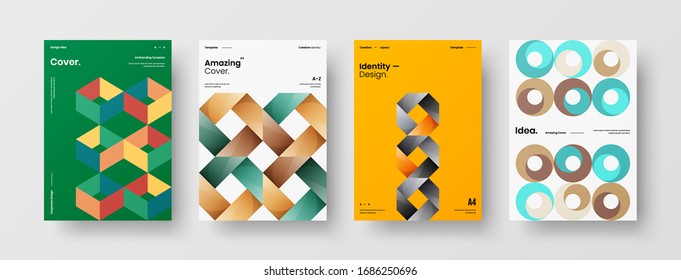 Business presentation vector A4 vertical orientation front page mock up set. Corporate report cover abstract geometric illustration design layout bundle. Company identity brochure template collection.
