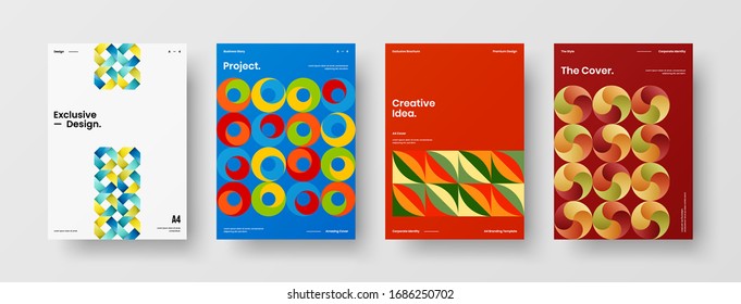 Business presentation vector A4 vertical orientation front page mock up set. Corporate report cover abstract geometric illustration design layout bundle. Company identity brochure template collection.
