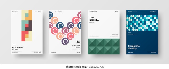 Business presentation vector A4 vertical orientation front page mock up set. Corporate report cover abstract geometric illustration design layout bundle. Company identity brochure template collection.