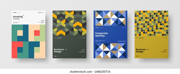 Business presentation vector A4 vertical orientation front page mock up set. Corporate report cover abstract geometric illustration design layout bundle. Company identity brochure template collection.