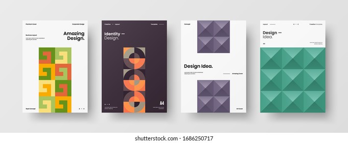 Business presentation vector A4 vertical orientation front page mock up set. Corporate report cover abstract geometric illustration design layout bundle. Company identity brochure template collection.