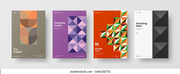 Business presentation vector A4 vertical orientation front page mock up set. Corporate report cover abstract geometric illustration design layout bundle. Company identity brochure template collection.