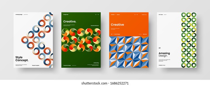 Business presentation vector A4 vertical orientation front page mock up set. Corporate report cover abstract geometric illustration design layout bundle. Company identity brochure template collection.