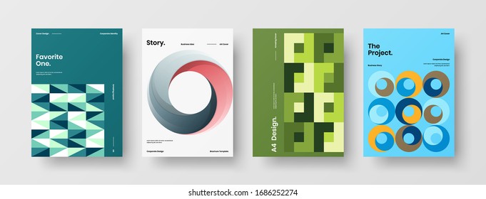 Business presentation vector A4 vertical orientation front page mock up set. Corporate report cover abstract geometric illustration design layout bundle. Company identity brochure template collection.