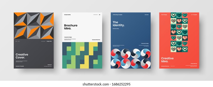 Business presentation vector A4 vertical orientation front page mock up set. Corporate report cover abstract geometric illustration design layout bundle. Company identity brochure template collection.