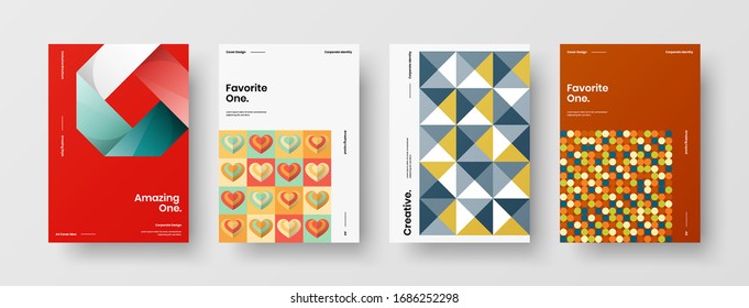 Business presentation vector A4 vertical orientation front page mock up set. Corporate report cover abstract geometric illustration design layout bundle. Company identity brochure template collection.