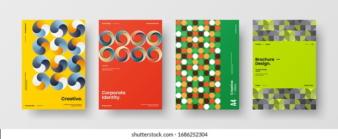 Business presentation vector A4 vertical orientation front page mock up set. Corporate report cover abstract geometric illustration design layout bundle. Company identity brochure template collection.