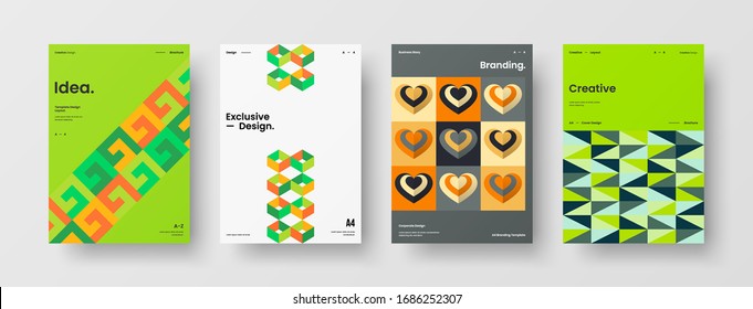 Business presentation vector A4 vertical orientation front page mock up set. Corporate report cover abstract geometric illustration design layout bundle. Company identity brochure template collection.