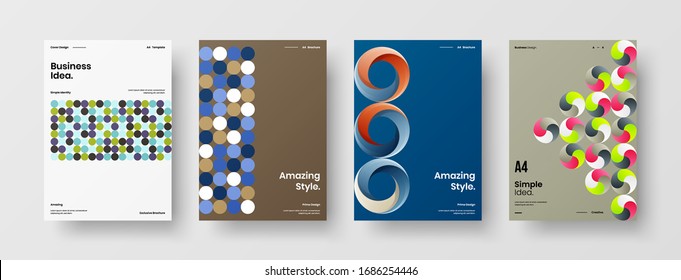 Business presentation vector A4 vertical orientation front page mock up set. Corporate report cover abstract geometric illustration design layout bundle. Company identity brochure template collection.