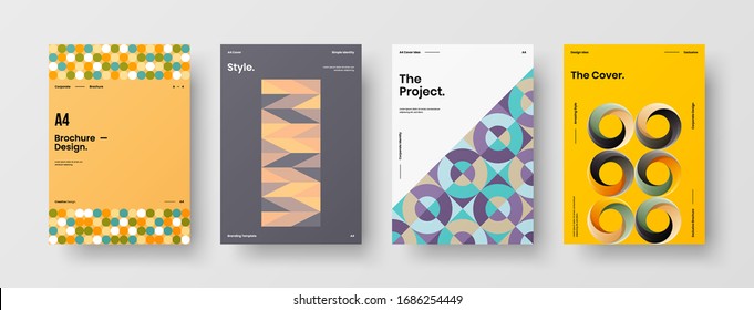 Business presentation vector A4 vertical orientation front page mock up set. Corporate report cover abstract geometric illustration design layout bundle. Company identity brochure template collection.
