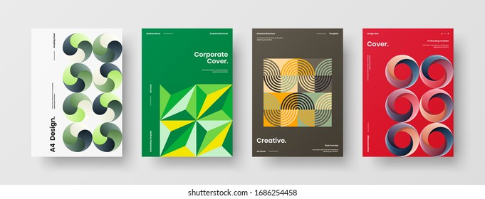 Diseño de presentación de negocio vectorial orientación vertical primera página maqueta conjunto. El informe corporativo cubre el paquete de diseño de ilustración geométrica abstracta. Colección de plantillas de folleto de identidad de la empresa.