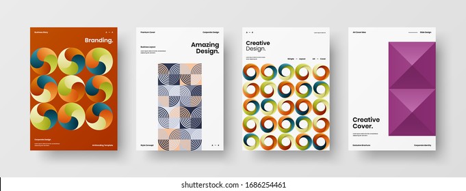 Business presentation vector A4 vertical orientation front page mock up set. Corporate report cover abstract geometric illustration design layout bundle. Company identity brochure template collection.