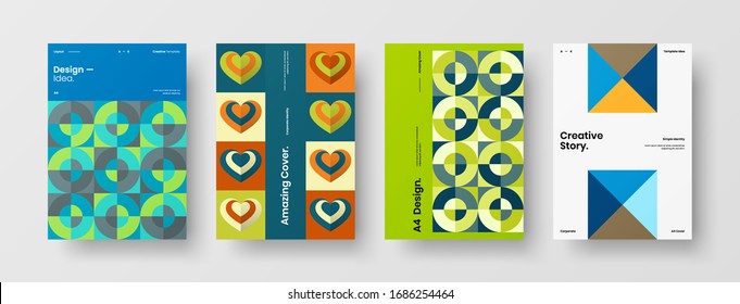 Business presentation vector A4 vertical orientation front page mock up set. Corporate report cover abstract geometric illustration design layout bundle. Company identity brochure template collection.