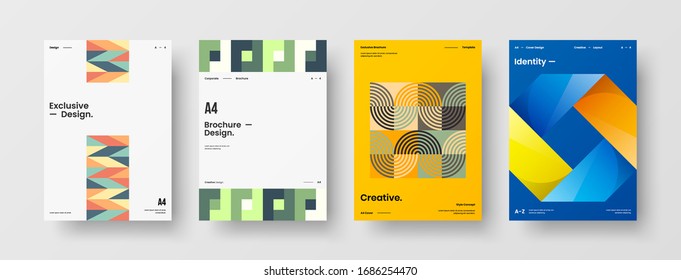 Vortragssatz der Vektorillustration A4 für vertikale Ausrichtung der Vorderseite. Corporate Report deckt abstraktes geometrisches Design-Layout-Paket für Illustrationen ab. Vorlage für Firmenidentitätsbroschüren