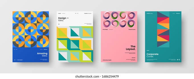 Business presentation vector A4 vertical orientation front page mock up set. Corporate report cover abstract geometric illustration design layout bundle. Company identity brochure template collection.