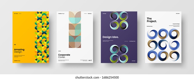 Business presentation vector A4 vertical orientation front page mock up set. Corporate report cover abstract geometric illustration design layout bundle. Company identity brochure template collection.