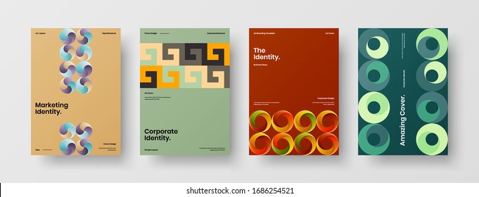 Business presentation vector A4 vertical orientation front page mock up set. Corporate report cover abstract geometric illustration design layout bundle. Company identity brochure template collection.