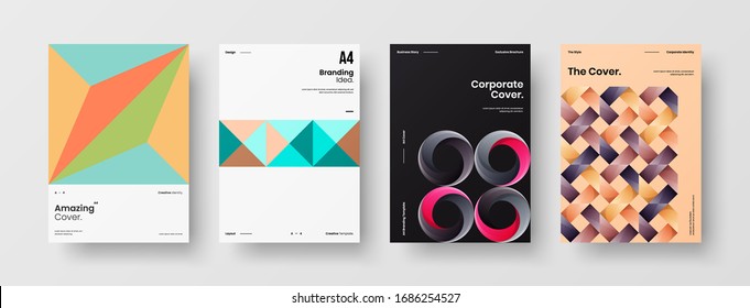 Business presentation vector A4 vertical orientation front page mock up set. Corporate report cover abstract geometric illustration design layout bundle. Company identity brochure template collection.