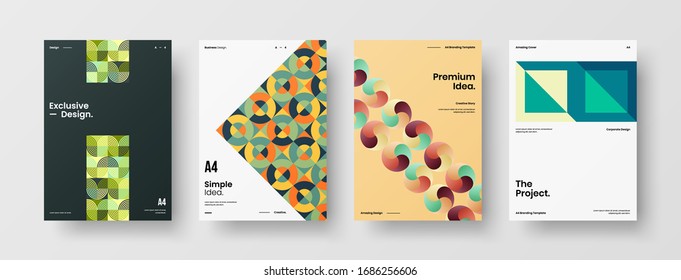 Business presentation vector A4 vertical orientation front page mock up set. Corporate report cover abstract geometric illustration design layout bundle. Company identity brochure template collection.