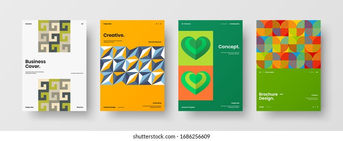 Business presentation vector A4 vertical orientation front page mock up set. Corporate report cover abstract geometric illustration design layout bundle. Company identity brochure template collection.