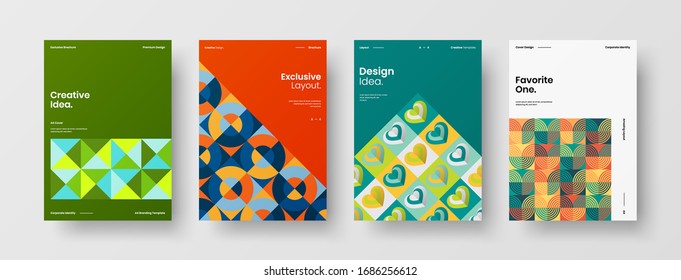 Business presentation vector A4 vertical orientation front page mock up set. Corporate report cover abstract geometric illustration design layout bundle. Company identity brochure template collection.