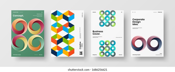 Business presentation vector A4 vertical orientation front page mock up set. Corporate report cover abstract geometric illustration design layout bundle. Company identity brochure template collection.