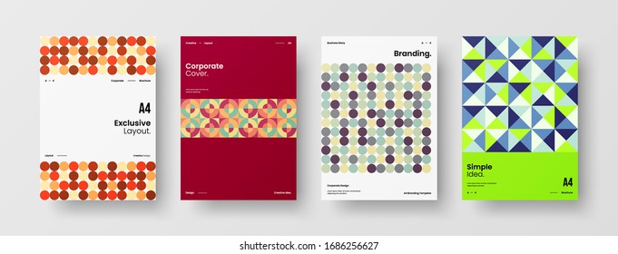 Business presentation vector A4 vertical orientation front page mock up set. Corporate report cover abstract geometric illustration design layout bundle. Company identity brochure template collection.