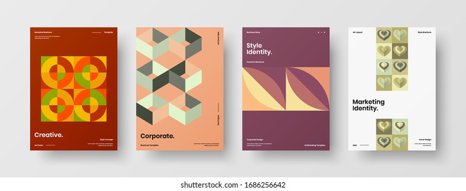 Business presentation vector A4 vertical orientation front page mock up set. Corporate report cover abstract geometric illustration design layout bundle. Company identity brochure template collection.