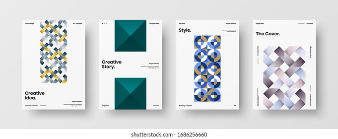 Business presentation vector A4 vertical orientation front page mock up set. Corporate report cover abstract geometric illustration design layout bundle. Company identity brochure template collection.