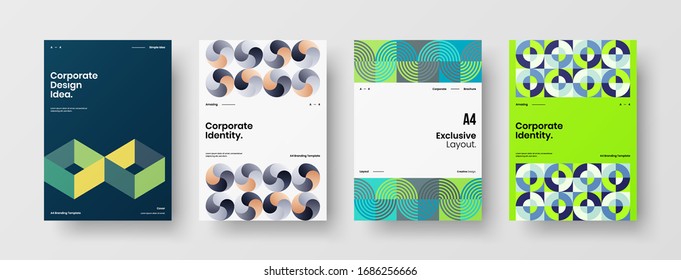 Business presentation vector A4 vertical orientation front page mock up set. Corporate report cover abstract geometric illustration design layout bundle. Company identity brochure template collection.