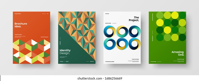 Business presentation vector A4 vertical orientation front page mock up set. Corporate report cover abstract geometric illustration design layout bundle. Company identity brochure template collection.