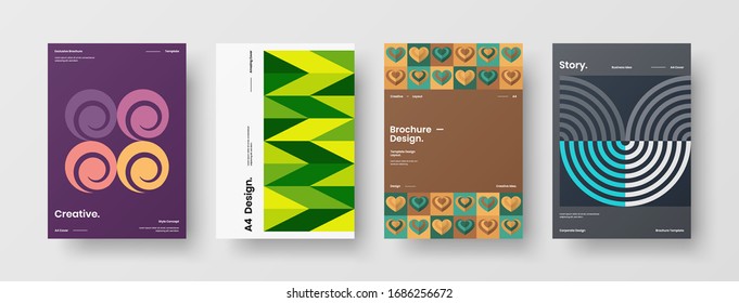 Business presentation vector A4 vertical orientation front page mock up set. Corporate report cover abstract geometric illustration design layout bundle. Company identity brochure template collection.