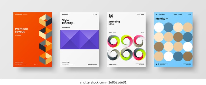 Business presentation vector A4 vertical orientation front page mock up set. Corporate report cover abstract geometric illustration design layout bundle. Company identity brochure template collection.