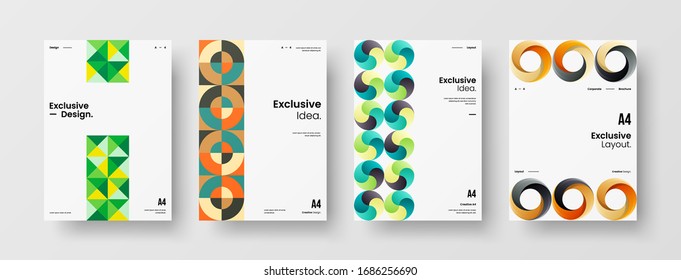 Business presentation vector A4 vertical orientation front page mock up set. Corporate report cover abstract geometric illustration design layout bundle. Company identity brochure template collection.