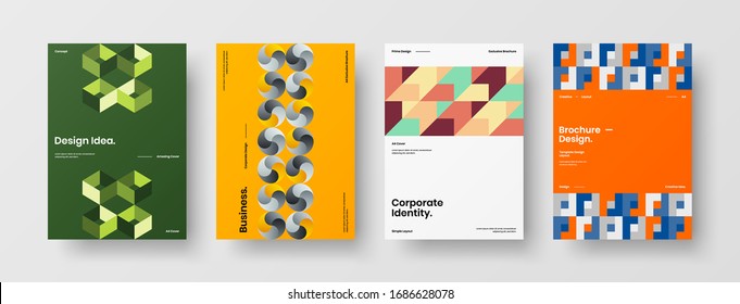 Business presentation vector A4 vertical orientation front page mock up set. Corporate report cover abstract geometric illustration design layout bundle. Company identity brochure template collection.