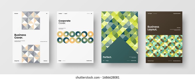 Business presentation vector A4 vertical orientation front page mock up set. Corporate report cover abstract geometric illustration design layout bundle. Company identity brochure template collection.