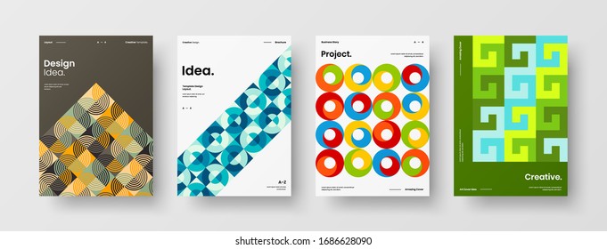 Business presentation vector A4 vertical orientation front page mock up set. Corporate report cover abstract geometric illustration design layout bundle. Company identity brochure template collection.