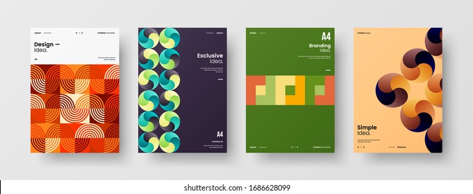 Business presentation vector A4 vertical orientation front page mock up set. Corporate report cover abstract geometric illustration design layout bundle. Company identity brochure template collection.