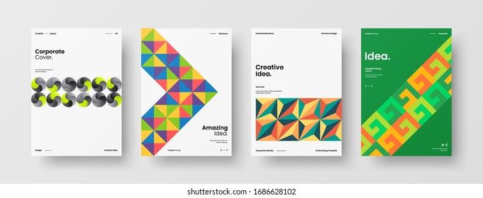 Business presentation vector A4 vertical orientation front page mock up set. Corporate report cover abstract geometric illustration design layout bundle. Company identity brochure template collection.