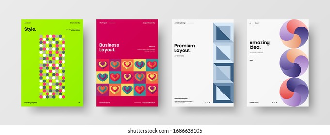Business presentation vector A4 vertical orientation front page mock up set. Corporate report cover abstract geometric illustration design layout bundle. Company identity brochure template collection.