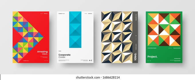 Business presentation vector A4 vertical orientation front page mock up set. Corporate report cover abstract geometric illustration design layout bundle. Company identity brochure template collection.
