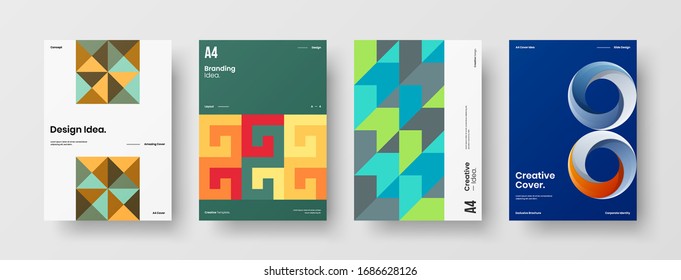 Business presentation vector A4 vertical orientation front page mock up set. Corporate report cover abstract geometric illustration design layout bundle. Company identity brochure template collection.