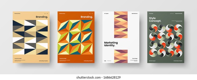 Business presentation vector A4 vertical orientation front page mock up set. Corporate report cover abstract geometric illustration design layout bundle. Company identity brochure template collection.