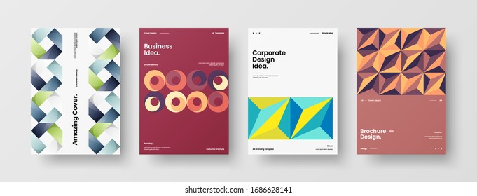 Business presentation vector A4 vertical orientation front page mock up set. Corporate report cover abstract geometric illustration design layout bundle. Company identity brochure template collection.