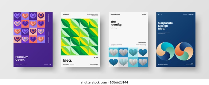 Business presentation vector A4 vertical orientation front page mock up set. Corporate report cover abstract geometric illustration design layout bundle. Company identity brochure template collection.