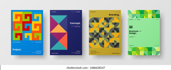 Business presentation vector A4 vertical orientation front page mock up set. Corporate report cover abstract geometric illustration design layout bundle. Company identity brochure template collection.