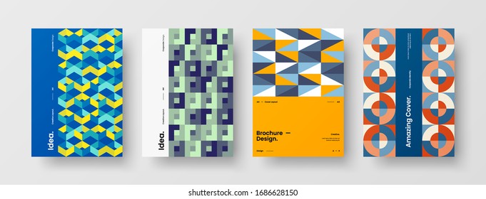 Business presentation vector A4 vertical orientation front page mock up set. Corporate report cover abstract geometric illustration design layout bundle. Company identity brochure template collection.