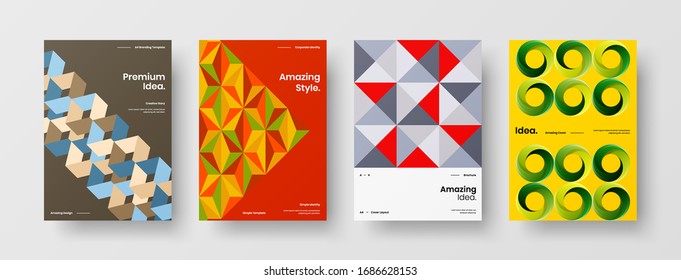 Business presentation vector A4 vertical orientation front page mock up set. Corporate report cover abstract geometric illustration design layout bundle. Company identity brochure template collection.